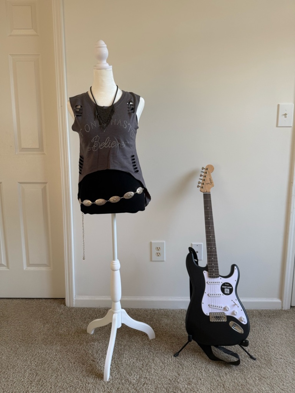 Sleeveless Distressed Gray Crop Top with Stud Detail